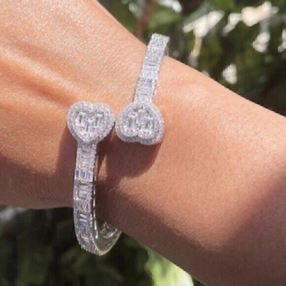 Iced Out Bling Opened Heart Zircon Charm  Silver Rhinestone Bracelet - Picture 3 of 10